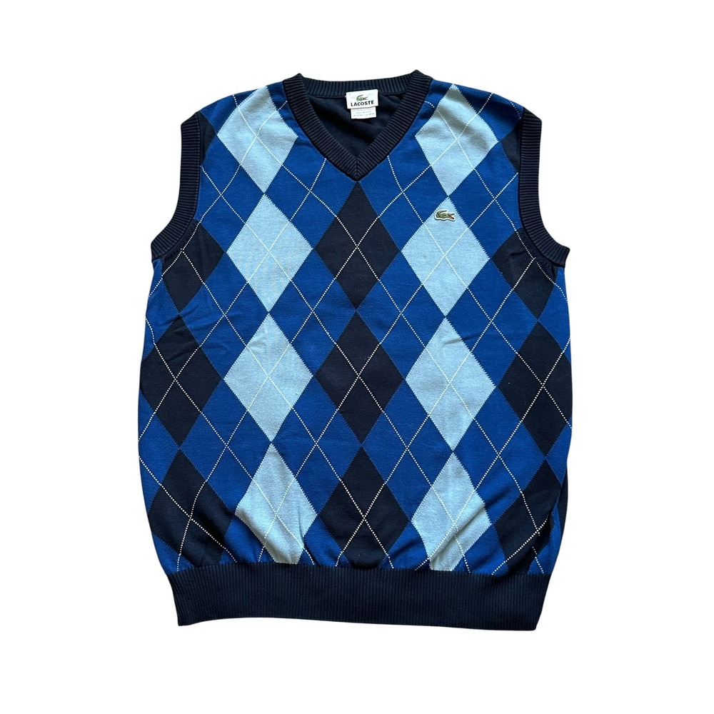 Preppy Lacoste Argyle V-Neck Sweater Vest Size 5 Blue Cotton Knit Retro Men